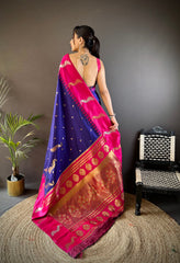 Royal Blue Banarasi Saree With Pink Blouse – Pure Silk