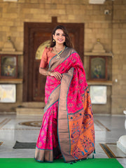 Elegant Dark Pink Pethani Silk Saree – Zari & Meenakari Weaving Beauty!