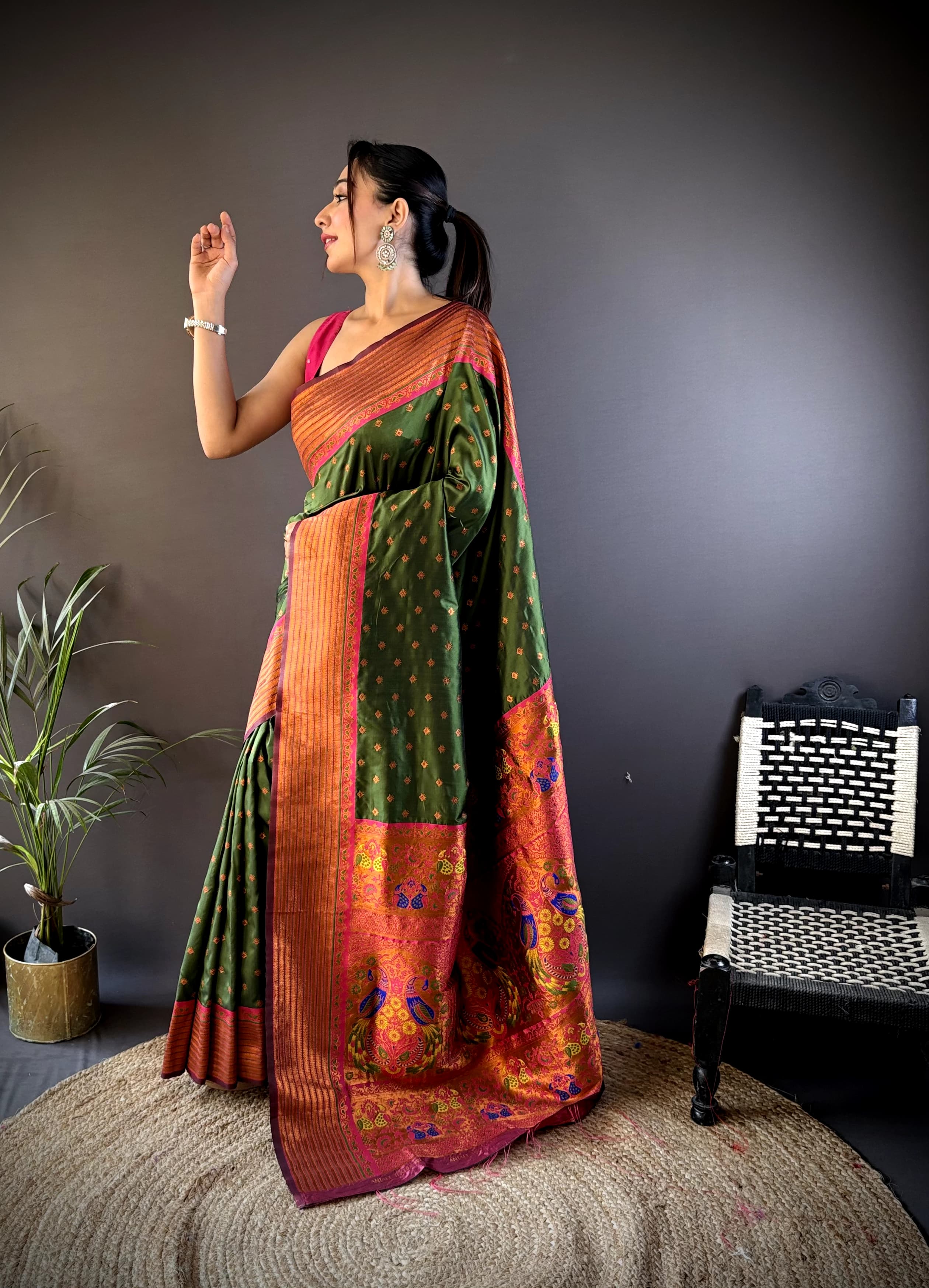 bottle green silk saree