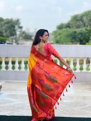 Bright Yellow Silk Saree with Pink Border – Perfect for Weddings and Festivities