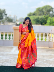 Bright Yellow Silk Saree with Pink Border – Perfect for Weddings and Festivities