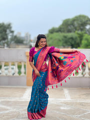 Beautiful Blue Silk Saree with Intricate Zari & Meenakari Work