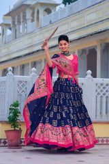 Stunning Dark Blue Lehenga Choli With Pink Blouse  – Foil Work & Heavy Tassels