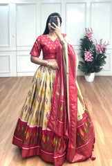 Elegant Cream & Pink lehenga– Patola Print