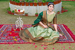 Elegant Jacquard Silk Light Green Lehenga with Zari Weaving – Stitched & Stylish