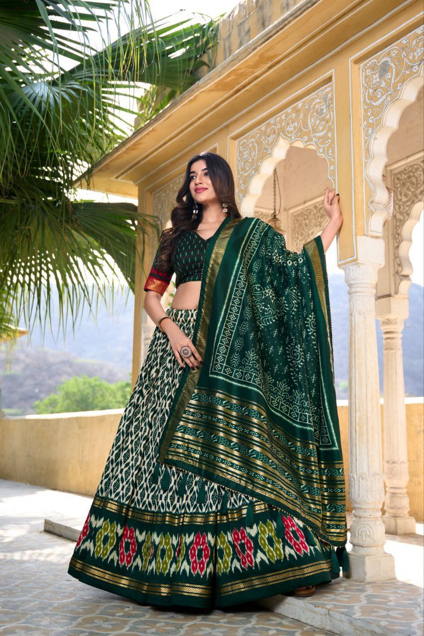 Majestic Tussar Silk Dark Green Lehenga | Graceful Blouse & Dupatta