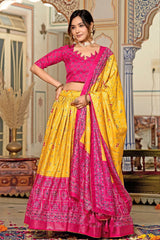 Beautiful Yellow Lehenga With Pink Blouse  – Tussar Silk with Heavy Flair