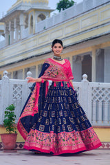 Stunning Dark Blue Lehenga Choli With Pink Blouse  – Foil Work & Heavy Tassels