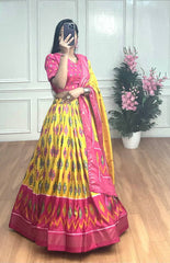 Traditional Yellow Lehenga with Pink Border – Dola Silk Beauty