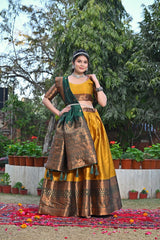 Elegant Jacquard Silk Dark Yellow Lehenga with Zari Weaving – Stitched & Stylish