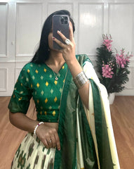 Stunning White & Green Dola Silk Lehenga – Patola Print