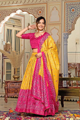 Beautiful Yellow Lehenga With Pink Blouse  – Tussar Silk with Heavy Flair