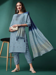 Women Sequence Embroidered Slub Rayon Kurta with Pant and Jacquard Dupatta Set in Sky Blue