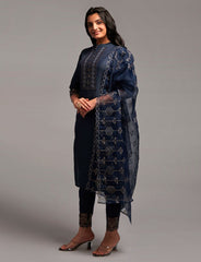 Women Sequence Embroidered Kurti with Pant and Dupatta Set in Navy Blue