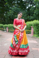 Radiant Yellow Lehenga with Red Blouse | Tussar Silk