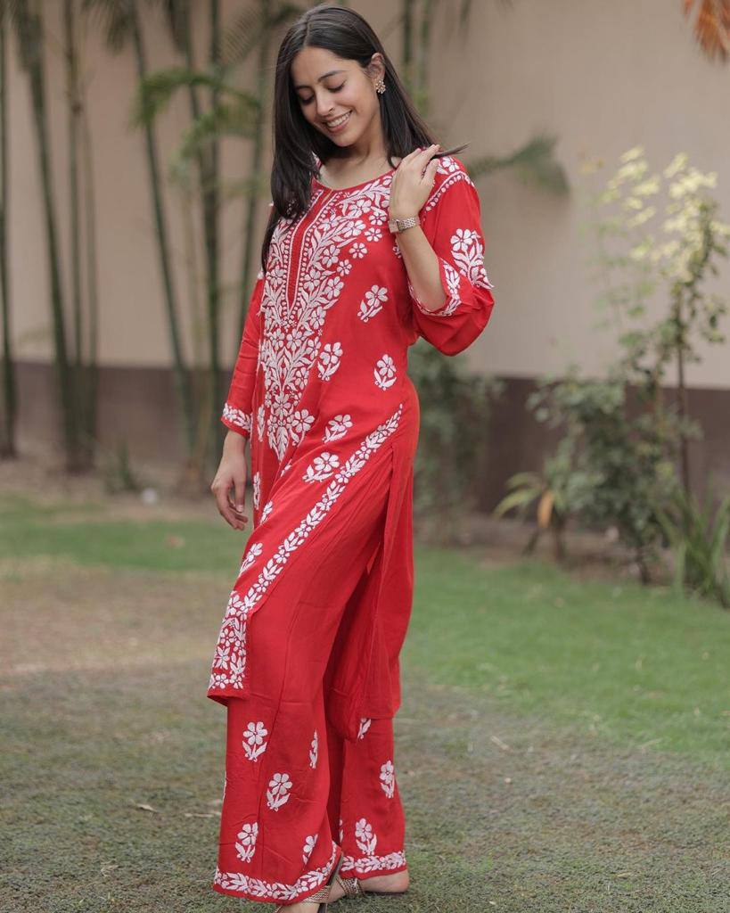 red chikankari kurti