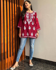 Red Embroidered Short Kurti – Ethnic Charm & Modern Style with Chikankari Handwork