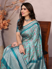 Elegant sky blue printed saree with Pashmina Print & Rich Pallu