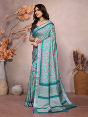 Elegant sky blue printed saree with Pashmina Print & Rich Pallu