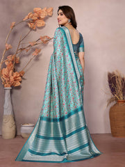 Elegant sky blue printed saree with Pashmina Print & Rich Pallu