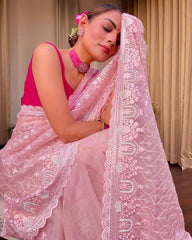 Graceful Baby Pink Organza Saree with Sequence Embroidery Perfect for Traditional Event