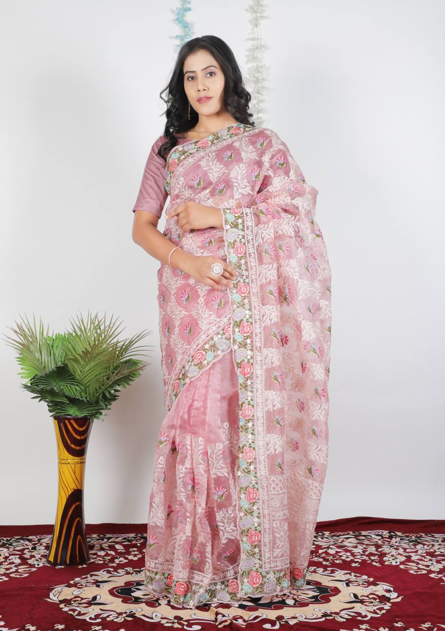 baby pink organza saree