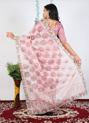 Elegant Baby Pink Organza Saree with Intricate Embroidery – Perfect for Festive Wear