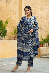 Women's Beautiful New Trending Cotton Suit Set in Indigo Printed Kurti Pant with Dupatta