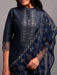 Women Sequence Embroidered Kurti with Pant and Dupatta Set in Navy Blue