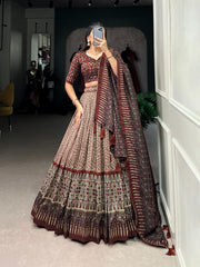 Timeless Elegance in Tussar Silk Lehenga | Patola Print with Exquisite Foil Work Lehenga Choli