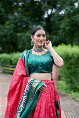 Radiate Elegance in a Tussar Silk Red Lehenga | Great Combination Of Green