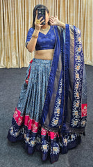 Designer Royal Blue Lehenga – Stunning Foil Print with Heavy Tassel Accents