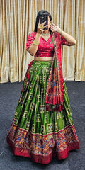 Exquisite Green Silk Lehenga with Beautiful Foil Prints & Zari Work