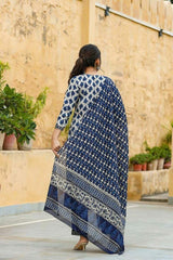 Women's Beautiful New Trending Cotton Suit Set in Indigo Printed Kurti Pant with Dupatta