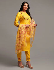 Women’s Sequence Embroidered Viscose Rayon Blend Kurti Set in Yellow