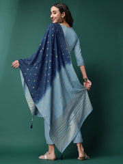 Women Sequence Embroidered Slub Rayon Kurta with Pant and Jacquard Dupatta Set in Sky Blue