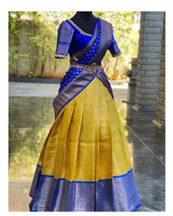 Elegant Dark Blue & Yellow Combination Lehenga with Zari Work