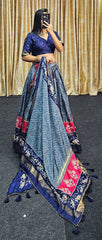 Designer Royal Blue Lehenga – Stunning Foil Print with Heavy Tassel Accents