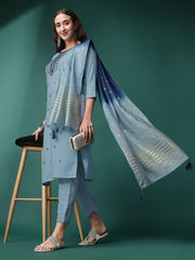 Women Sequence Embroidered Slub Rayon Kurta with Pant and Jacquard Dupatta Set in Sky Blue