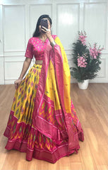 Traditional Yellow Lehenga with Pink Border – Dola Silk Beauty