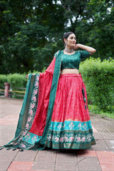 Radiate Elegance in a Tussar Silk Red Lehenga | Great Combination Of Green