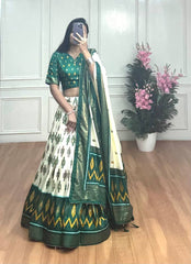 Stunning White & Green Dola Silk Lehenga – Patola Print