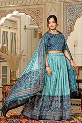 Shop Sky Blue Tussar Silk Lehenga – Stunning Flair & Heavy Tassels