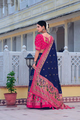 Stunning Dark Blue Lehenga Choli With Pink Blouse  – Foil Work & Heavy Tassels