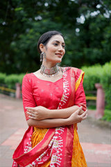 Radiant Yellow Lehenga with Red Blouse | Tussar Silk