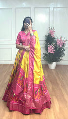 Traditional Yellow Lehenga with Pink Border – Dola Silk Beauty