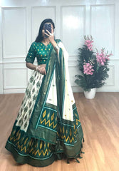 Stunning White & Green Dola Silk Lehenga – Patola Print