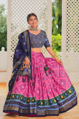 Elegant Pink Tussar Silk Lehenga with Minakari & Foil Print – Stitched & Ready to Wear