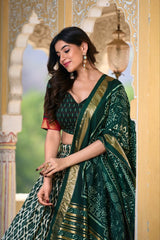 Majestic Tussar Silk Dark Green Lehenga | Graceful Blouse & Dupatta